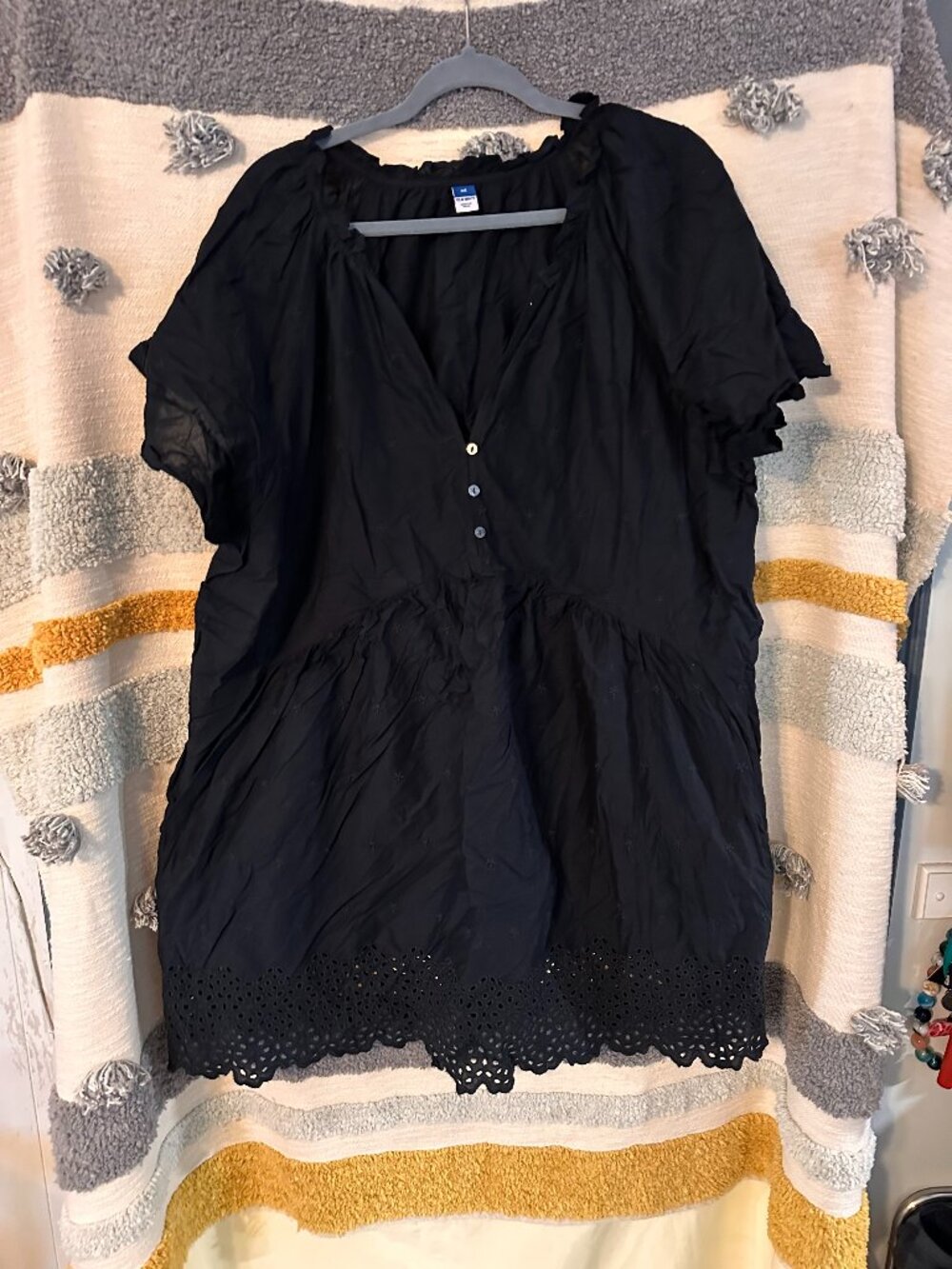 Old Navy Black Eyelet Lace Scalloped Hem Babydoll Peasant Mini Dress - 2X